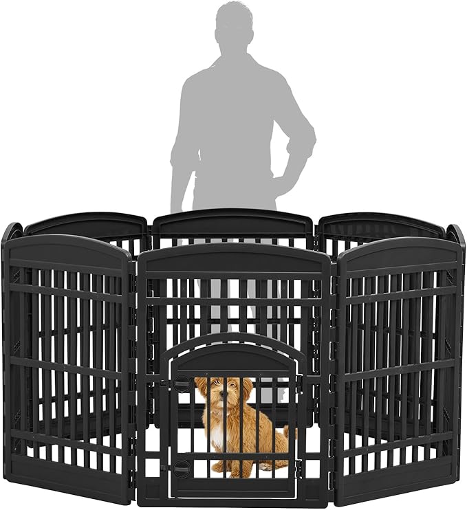 IRIS USA Dog Playpen with Door, 34” 8 Panel Pet Exercise Pen – Indoor Outdoor Puppy Play Pen, Portable Plastic Pet Fence for Small Medium Dogs, Foldable 63” x 63” x 34”, Black