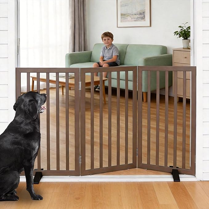 ZJSF Freestanding Indoor Dog Gate for House Foldable Wood Puppy Gate for Doorways Pet Gate for Stairs Extra Wide Pet Fence, Brown, 32" Height 3 Panels