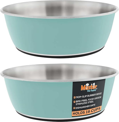 Master Pet Supply Stainless Steel Dog Bowls Set of 2 (128 Oz Each) with Non-Slip Rubber Base - Aqua Sky - Basic Dog Food Bowl Water & Food Bowls for Small Medium Large Dogs & Cats, Metal Dish