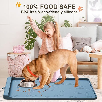 Dog Food Mat - Silicone Dog Mat for Food and Water - 36" x 24" Large Pet Feeding Mats with Residue Collection Pocket - Waterproof Dog Cat Bowl Mat with High Edges to Prevent Water Food Spills
