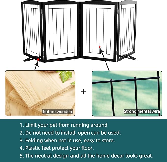 ZJSF Freestanding Dog Fence Indoor, Foldable Dog Gate for Doorways, Stairs or Hallways, Sturdy Wood Extra Wide Pet Gate with Support Feet for The House, Black, 32 "Height-4 Panels