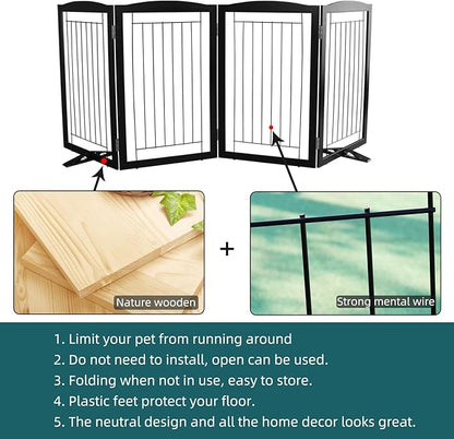 ZJSF Freestanding Dog Fence Indoor, Foldable Dog Gate for Doorways, Stairs or Hallways, Sturdy Wood Extra Wide Pet Gate with Support Feet for The House, Black, 32 "Height-4 Panels