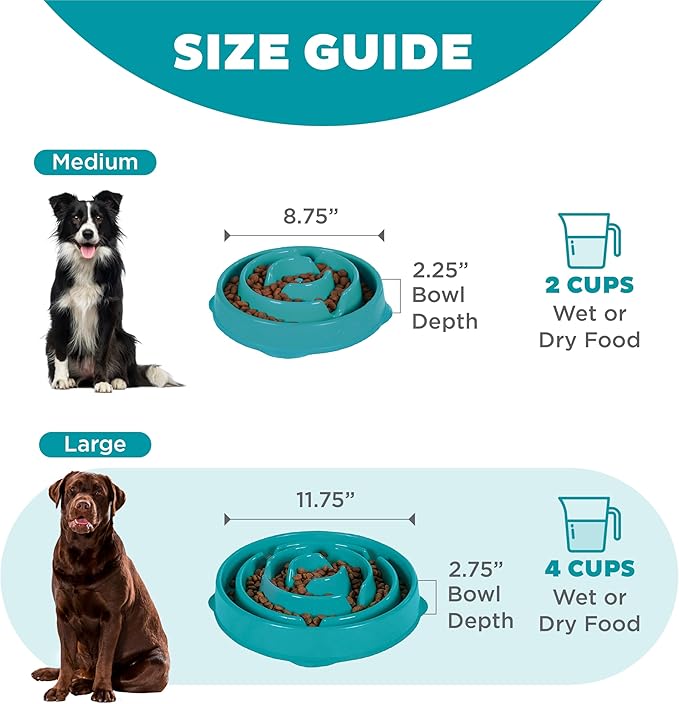 Outward Hound Fun Feeder Slo Bowl – Large 4‑Cup Capacity, Slow Feeding, Medium to Large Dogs, Non‑Slip, Turquoise, Drop Pattern