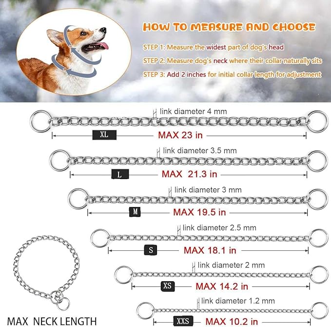 Choke Chain for Dogs, Metal Slip Link Training Heavy Duty Dog Choke Collar Martingale Puppy Collars for XXS XS Small Medium Large Big XL Breed Dogs (Silver, S)