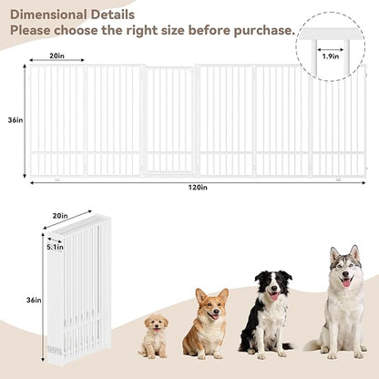 SNUOWU Full Metal Freestanding Dog Gate with Door, 36''Height Foldable Pet Dog Fence for Indoor & Outdoor, 6 Panels Extra Wide Free Standing TallDog Gates for Doorways,House,Stairs,Porch,Deck,Yard