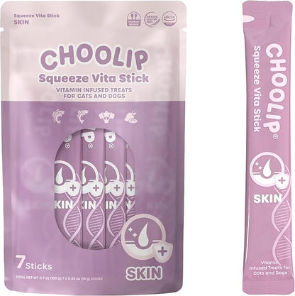 Choolip Squeeze Vita Stick Lickable Cat and Dog Treats, 7-Count Skin and Coat Support, Salmon and Pollack with Biotin and Vitamin E, Vet-Formulated