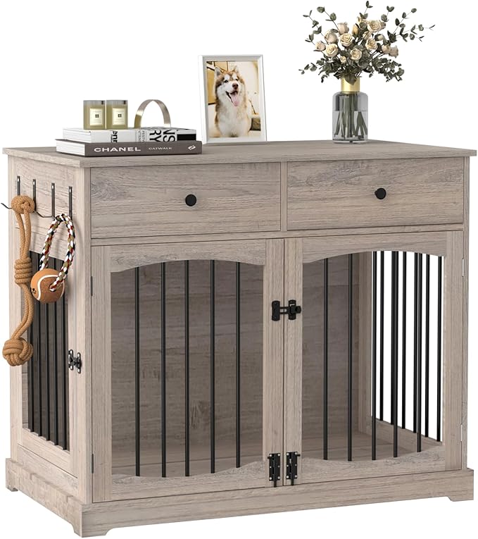 BREEZEHEAT Rustic Grey Dog Crate Furniture-40 inch Farmhouse Dog Kennel with Two Drawers-End Table Wooden Pet Crate, Decorative Dog House Indoor for Small Medium Large Dog