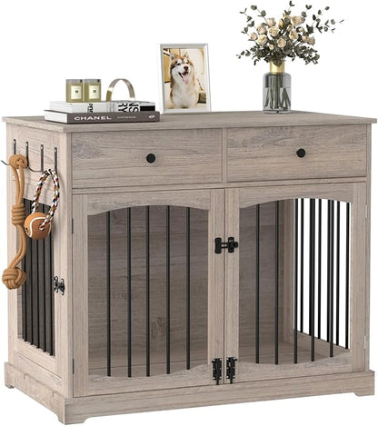 BREEZEHEAT Rustic Grey Dog Crate Furniture-40 inch Farmhouse Dog Kennel with Two Drawers-End Table Wooden Pet Crate, Decorative Dog House Indoor for Small Medium Large Dog