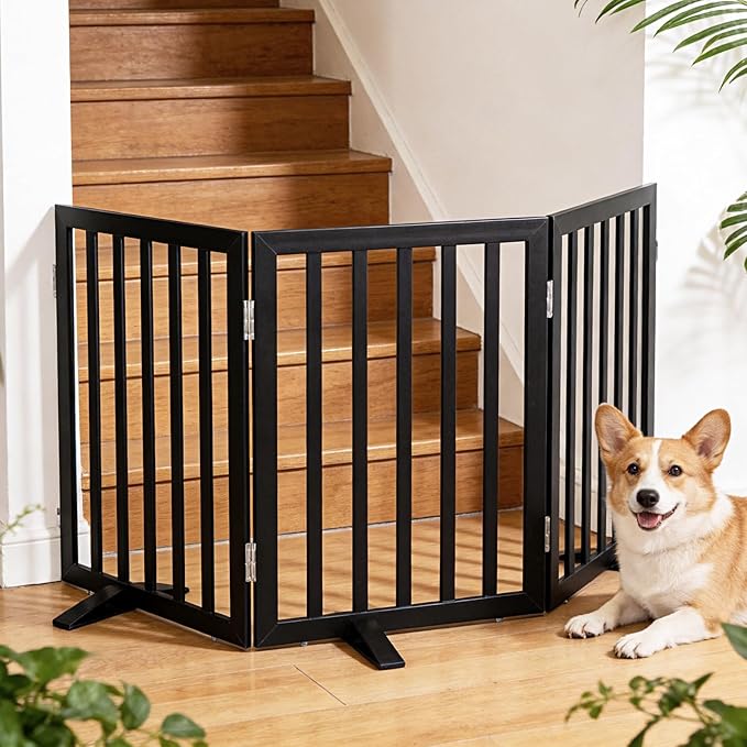 ZJSF Freestanding Indoor Dog Gate for House Foldable Wood Puppy Gate for Doorways Pet Gate for Stairs Extra Wide Pet Fence, Black, 24" Height 3 Panels