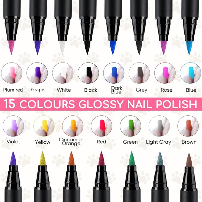 OLINGYOU 15 Colors Dog Nail Polish Pens Quick Dry, Pet Nail Polish Set for Dogs DIY Dogs Puppy Nails, Dog Safe Nail Polish Non Toxic, Odorless, Easy to Apply