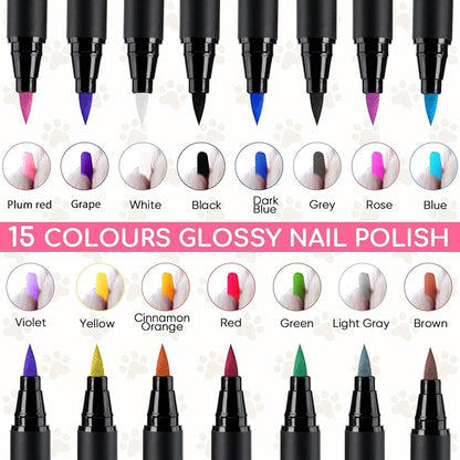 OLINGYOU 15 Colors Dog Nail Polish Pens Quick Dry, Pet Nail Polish Set for Dogs DIY Dogs Puppy Nails, Dog Safe Nail Polish Non Toxic, Odorless, Easy to Apply