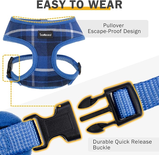 SCENEREAL Puppy Dog Harness with Leash Set for Small Medium Sized Dogs, Soft Mesh Pet Harnesses and Leash, No Chock Plaid Adjustable No Pull Vest for Dogs Cats, Chihuahua,Bulldog (Blue M)