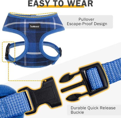 SCENEREAL Puppy Dog Harness with Leash Set for Small Medium Sized Dogs, Soft Mesh Pet Harnesses and Leash, No Chock Plaid Adjustable No Pull Vest for Dogs Cats, Chihuahua,Bulldog (Blue S)