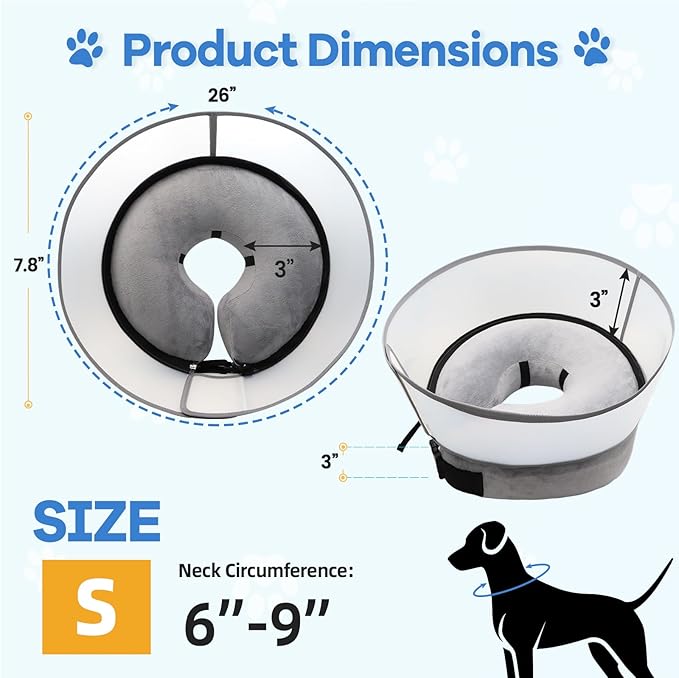 2-in-1 Upgraded Inflatable Dog Cone Collar with Detachable Anti-Licking Shield, Soft Adjustable Elizabethan Collar for Dogs After Surgery (S, Grey)