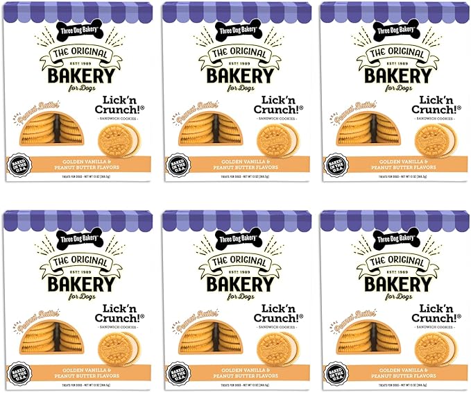 Three Dog Bakery Lick'n Crunch Sandwich Cookies Premium Dog Treats with No Artificial Flavors, Golden & Peanut Butter Flavor, 13 Ounces (Pack of 6)