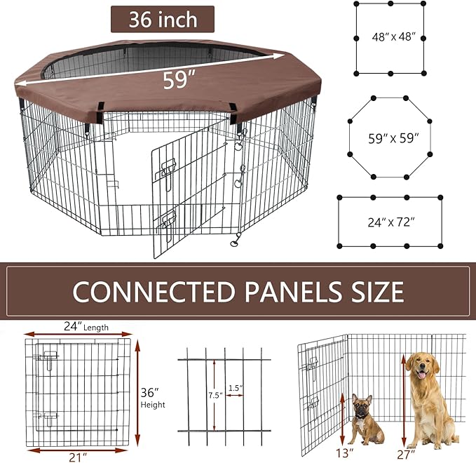 NEZUC Foldable Metal Dog Exercise Playpen Gate Fence Dog Crate 8 Panels 24 Inch Height Puppy Kennels with Top Cover/Bottom Pad for Animals Outdoor Indoor (Playpen+Top Cover, Brown, 36" H)