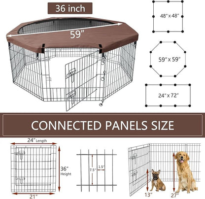 NEZUC Foldable Metal Dog Exercise Playpen Gate Fence Dog Crate 8 Panels 24 Inch Height Puppy Kennels with Top Cover/Bottom Pad for Animals Outdoor Indoor (Playpen+Top Cover, Brown, 36" H)