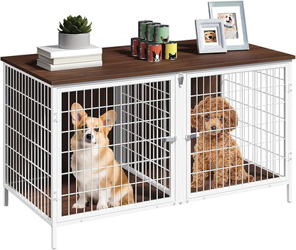 MAHANCRIS Dog Crate Furniture for 2 Dogs, 43.3" Dog Kennel with Removable Divider, Heavy Sturdy Dog Furniture Style Double Cage for Small Medium Dogs, Indoor Pet House End Table, White and Walnut