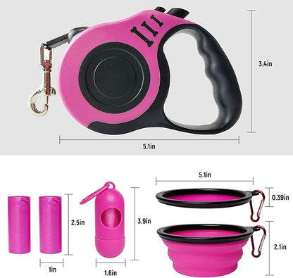Retractable Dog Leash Automatic Telescopic Tractor Dog Tape, Pet Tape 10/16 FT Durable and Convenient, with Folding Bowl, Dispenser, Rubbish Bags, Suitable for Small and Medium Dogs