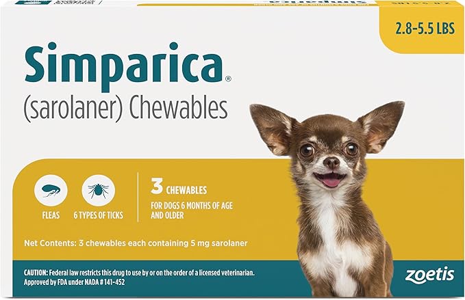 Simparica (sarolaner) Chewables for Dogs, 5 mg/tab, 2.8-5.5 lbs (Gold), 3 Tablets
