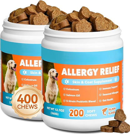 Dog Allergy Chews Allergy Relief 400ct- Probiotics for Dogs with 5 Digestive Enzymes, Colostrum for Itching Hot Spots Ears Paw Licking, Skin & Coat Relief Supplement for Allergies lmmune Support