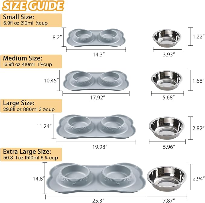 Hubulk Pet Dog Bowls 2 Stainless Steel Dog Bowl with No Spill Non-Skid Silicone Mat + Pet Food Scoop Water and Food Feeder Bowls for Feeding Small Medium Large Dogs Cats Puppies (Large, Gray)