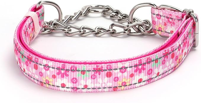 Reflective Martingale Collar for Dogs with Steel Chain, Adjustable No Pull Dog Training with Soft Padded for Large Breed Dogs, Medium, XL, XXL Walking Collar,Pink L