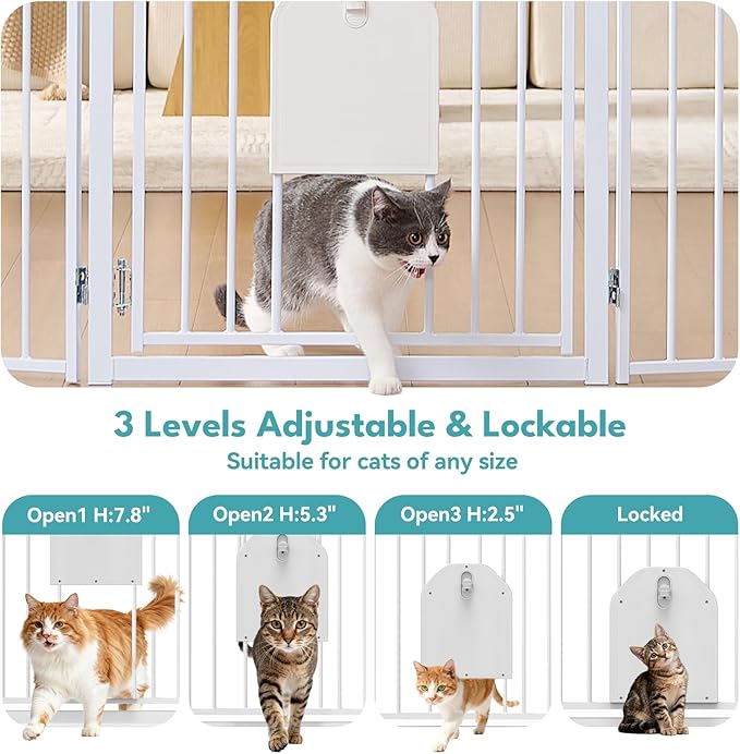 No Pawblems Free Standing Dog Gate with Cat Door, 30'' Tall Foldable Dog Fence for Indoor & Outdoor, Up to 156 Inch Extra Wide Puppy Gate for Stairs, Hallways, Doorways, Deck, Yard (White, 6 Panels)