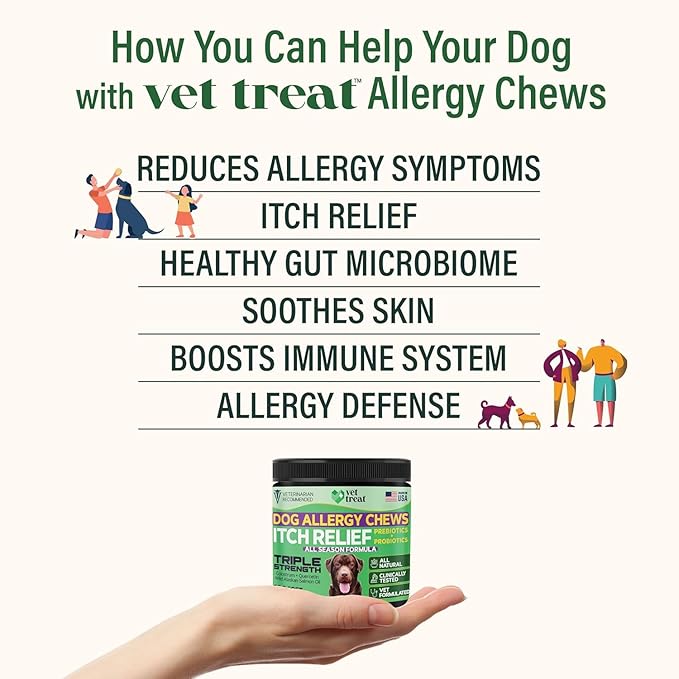 Vet Treat Dog Allergy Relief Chews - 170 Dog Allergy Chews - Itch Relief for Dogs - Anti Itch for Dogs - Dry & Itchy Skin - Allergies & Immune Support Supplement, Omega 3, Fish Oil, Colostrum - USA