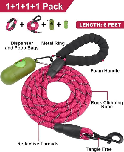 Dynmeow Reflective Dog Collar and Leash Set, 6FT Strong Climbing Rope Leash with Padded Handle, Adjustable Pet Collar with Soft Neoprene Padding for Puppy Small Dogs, Hot-Pink, Xs