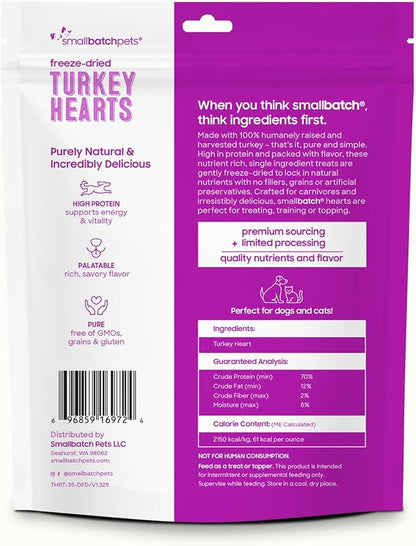 smallbatch Pets Premium Freeze-Dried Turkey Heart Treats for Dogs and Cats, 3.5 oz, Made and Sourced in The USA, Single Ingredient, Humanely Raised Meat, No Preservatives or Anything Artificial Ever