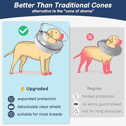 BARKLESS Inflatable Dog Cone, Protective Dog Surgery Collar to Stop Licking Biting Wounds, Patented Soft Donut Cone with Clear Shield, Adjustable Blow-up Collar for Surgery (Grey, M (Neck: 8"-11"))