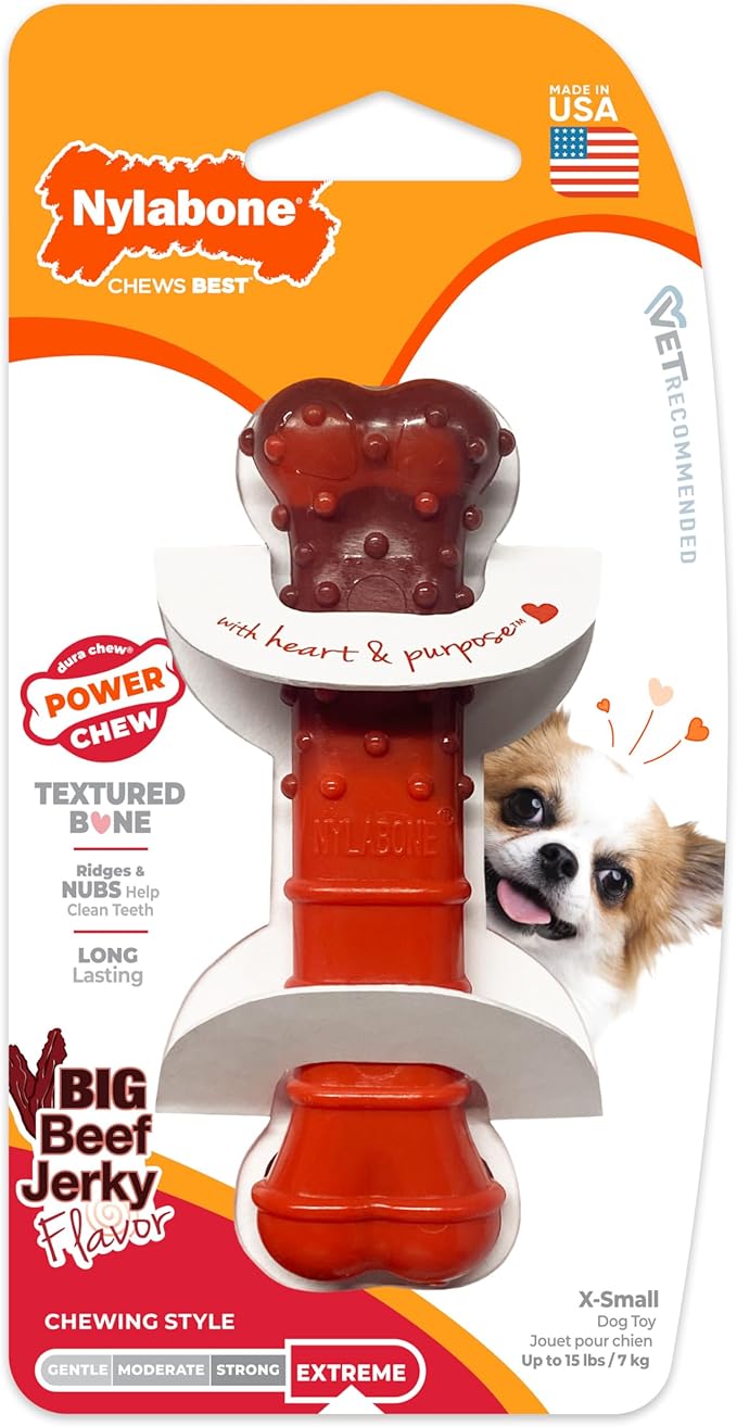 Nylabone Textured Bone Power Chew Toy for Dogs, Durable & Tough Dog Toys for Aggressive Chewers, Beef Jerky Flavor, X-Small Dogs - Up to 15 lbs, 1 Count