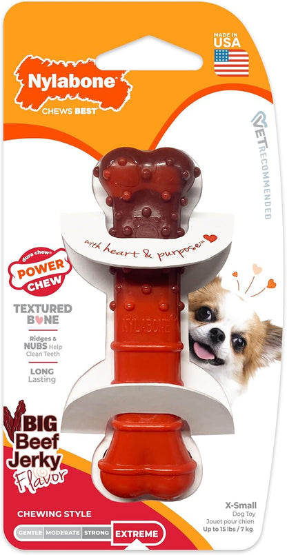 Nylabone Textured Bone Power Chew Toy for Dogs, Durable & Tough Dog Toys for Aggressive Chewers, Beef Jerky Flavor, X-Small Dogs - Up to 15 lbs, 1 Count