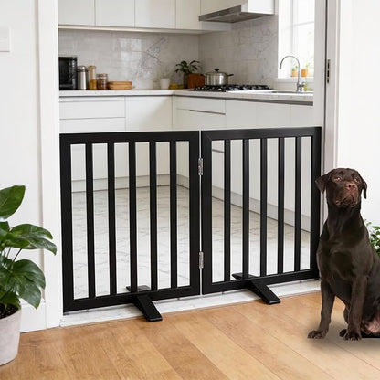 Dog Gate Indoor, Freestanding Dog Fence for The House, Doorways, Hallways,or Stairs,Pet Gate Foldable Wooden,Expandable 24" Height 2 Panels,Black