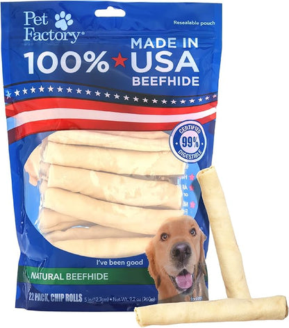 Pet Factory 100% Made in USA Beefhide Chip Rolls Dog Rawhide Chews, Thick, Dog Chews Long Lasting from American Cattle, Dog Chew Bones, 5 Inches (Pack of 22)