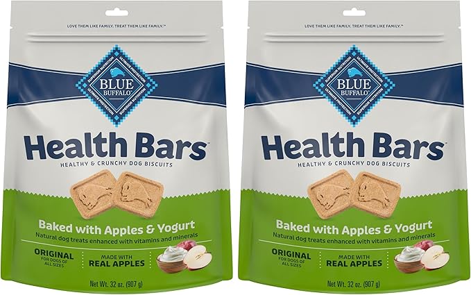 Blue Buffalo Health Bars Mini Crunchy Dog Biscuits, Oven-Baked with Natural Ingredients, Apples & Yogurt, 32-oz Bag (Pack of 2)