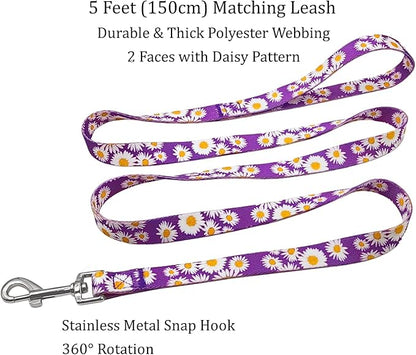 Dog Collar and Leash Set, Cute Daisy Pattern, Polyester Material, 5ft Leash, for Puppy Dogs.(Extra Small,Purple Daisy)