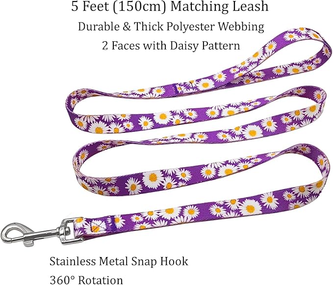 Dog Collar and Leash Set, Cute Daisy Pattern, Polyester Material, 5ft Leash, for Large Dogs.(Large,Purple Daisy)