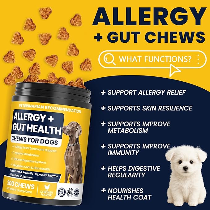 Dog Allergy Chews Probiotics for Dogs Yeast, Itchy Skin and Itchy Ears Itch Relief Immune Pre Probiotic Chews for Pet Digestive Gut Health Anti Itch Supplement for Itching and Licking Dogs Allergies