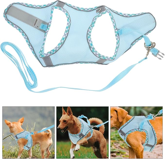 COLLBATH Adjustable Reflective Dog Harness Vest and Leash Set, Portable Lightweight Puppy Harness for Large Dogs, Soft Breathable Blue L Size, Outdoor Walking and Training Equipment