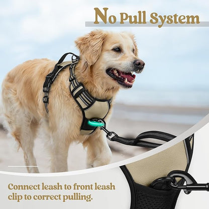 rabbitgoo Dog Harness No Pull with 2 Leash Clips, Adjustable Soft Padded, Reflective Oxford No Choke Pet Vest with Easy Control Handle for Large Dogs, Beige, L