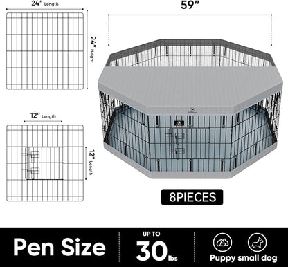 PJYuCien Dog Playpen with Top Cover and Bottom Pad - Metal Foldable Exercise Pen, 8 Panels 24" H x 24" W Indoor Outdoor Pet Fence Puppy Crate Kennel, Gray