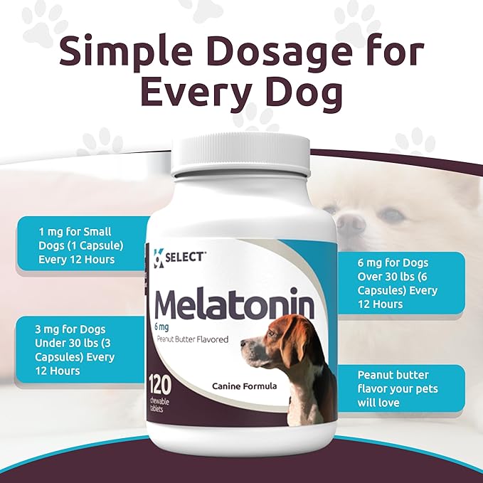 K9 Select Melatonin for Large Dogs - Anxiety Relief Treats for Sleep, Stress, Thunderstorms & Fireworks - Calming Chews for Dogs Anxiety Small & Large Breed, 6 mg, 120 Peanut Butter Tablets