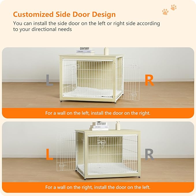 DWANTON Dog Crate Furniture with Cushion, Wooden Kennel Table with Double Doors, Indoor Dog House, Large Size, 38.5" L, White Oak