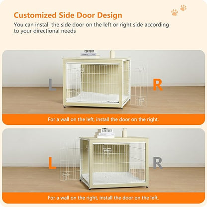 DWANTON Dog Crate Furniture with Cushion, Wooden Kennel Table with Double Doors, Indoor Dog House, Large Size, 38.5" L, White Oak