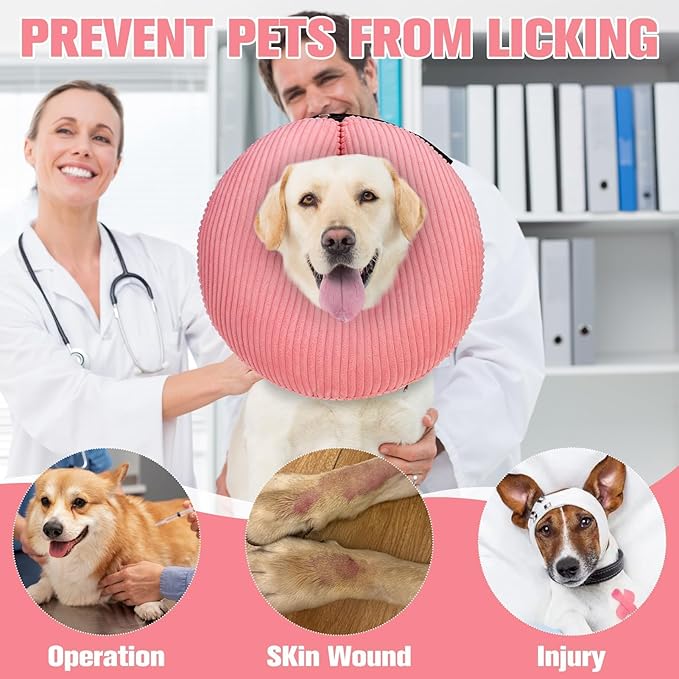 BINGPET Inflatable Dog Cone Collar Alternative After Surgery,Soft Recovery Cone for Dogs to Stop Licking,Dogs Blow up Protective Neck Donut ECollars Adjustable for Large Medium Small Puppy Pet, Pink L