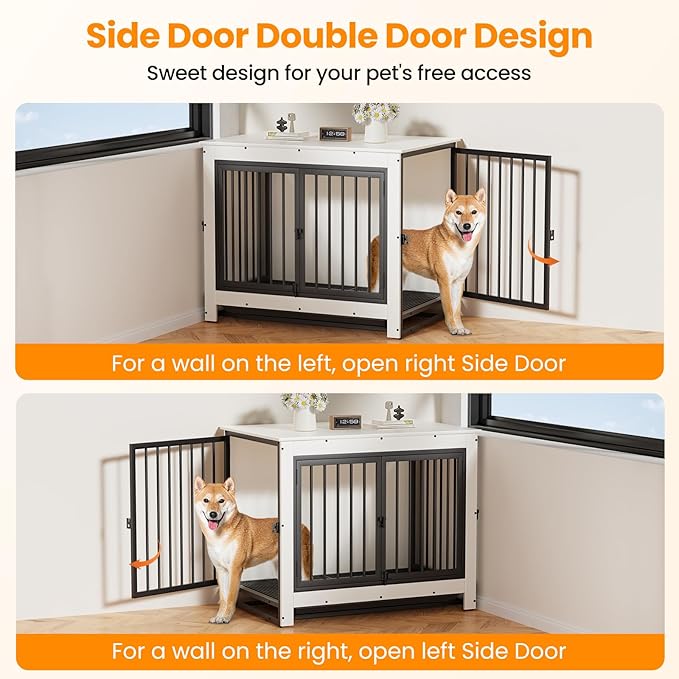 Derfullo Dog Crate Furniture, 38 Inch Indoor Dog Kennel for Medium Dogs Up to 50 LBS, Heavy Duty Wooden Pet Cage End Table with 3 Doors, Alloy Steel Frame & Removable Tray