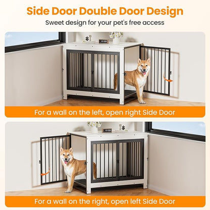 Derfullo Dog Crate Furniture, 38 Inch Indoor Dog Kennel for Medium Dogs Up to 50 LBS, Heavy Duty Wooden Pet Cage End Table with 3 Doors, Alloy Steel Frame & Removable Tray