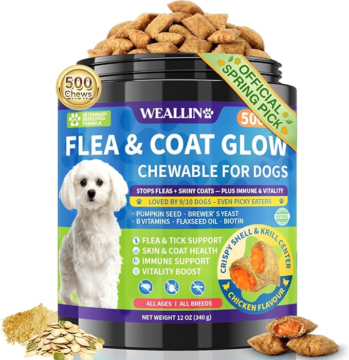 Flea and Tick Prevention for Dogs, Dog Flea Treatment with Skin & Coat Support 500 Crunchy & Krill Chews Dog Flea and Tick Treatment Chewable for Immunity & Energy for All Breeds & Ages Chicken Flavor